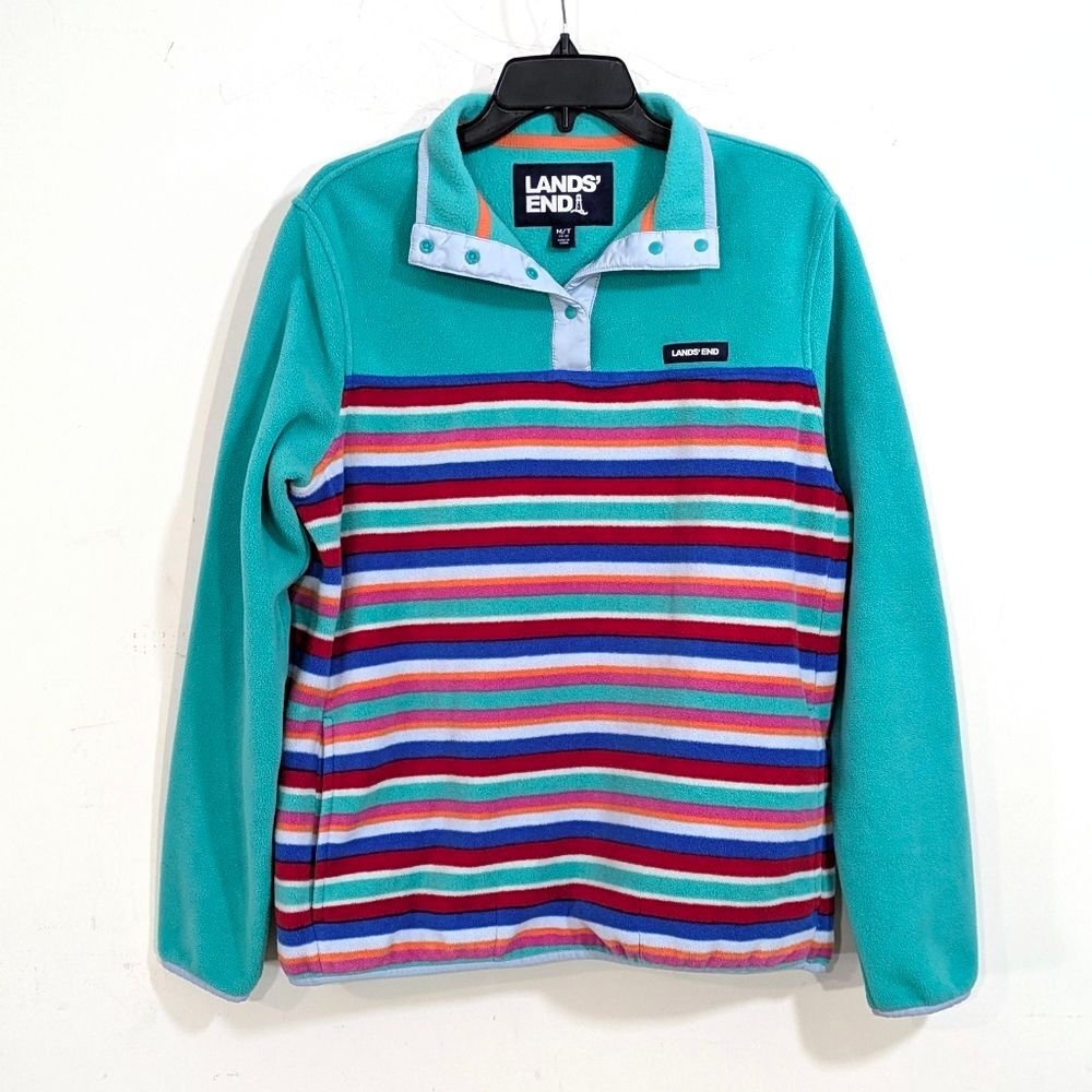 Lands' End Colorful Striped Fleece Snap Pullover - Size Medium Tall 10-12